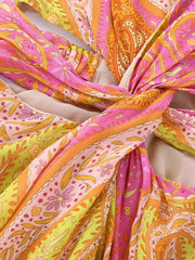 Women Printed Lime Pink Mini Dress | Vintage Chic Dress | Back Zipper V-Neck Dress