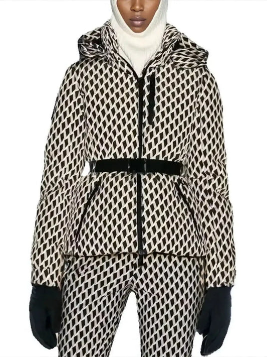 Women Winter Windproof Skiing Jacket | Padded Sport Parkas Jacket | Belt | Hooded | Thick | Warm | Pockets