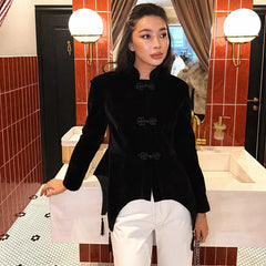 Women Napoleon Jacket | Black Velvet Tassel Jacket | Knot Button | Asymmetric Hem | Long Sleeve | Slim Fit | Elegant Coat