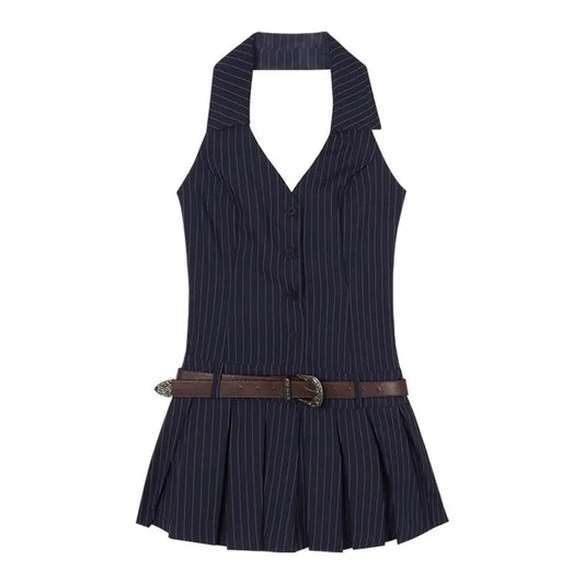 Women Navy Blue Halter Backless Mini Pleated Dress | Short Striped Sleeveless Dress