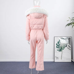 Women Pink Ski Wear Jumpsuit | Long Sleeve | Hoodie | Wide Leg Jumpsuit | Winter | Thick | Warm
