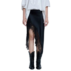Women Black Satin Midi Skirt | Lace Patchwork | Asymmetrical Skirt | High Waist | Slit