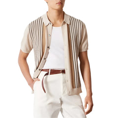 Men Striped Knit Polo Shirt | Short Sleeve Button Down Knitwear