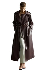 Women Burgundy Long Leather Jacket