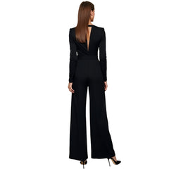 Women Black Jumpsuit | V-Neck Wide Leg Jumpsuit | Long Sleeve Plunge Neck