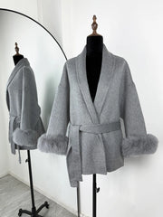 Women Fur Woolen Coat | Short Coat | Elegant Double-Sided Wool Overcoat | Cardigan Jacket | Long Wrap Coat