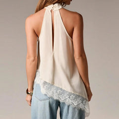 Women Asymmetrical  Lace Satin Top | Silk Vest | Draped Choker | Halter Neck | Cami