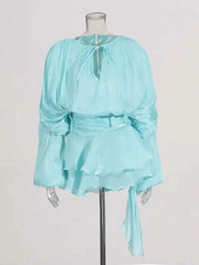 Women Flowy Mini Dress | V Neck | Long Sleeve | Spliced | Lace Up | Blouse Dress