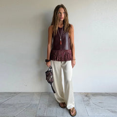 Women Vintage Leather Tassel Vest | Sleeveless | Backless | Halter Top