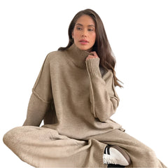 Women Knitted Turtleneck Sweater and High Waisted Trousers Set | Winter Casual Knitwear