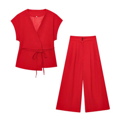 Women Sleeveless V-Neck Top With Belt Straight Pants Set | Top Trouser Suit | 2 Piece Set