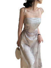 Women Vintage Midi Satin Dress | Spaghetti Strap Dress | Backless Evening Dress