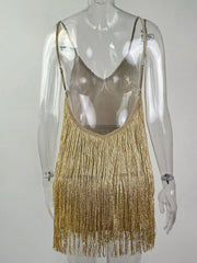 Women Deep V-Neck Dress | Spaghetti Strap | Fringe Bodycon Mini Dress | Tassels | Backless