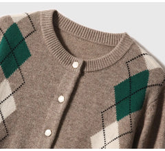 Women Argyle Cashmere Knitted Cardigan | Diamond Check Sweater | Wool