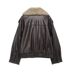Women Winter Loose Leather Fur Jacket | Big Fur Collar | Casual Coat | Double Breasted