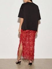 Women Sequin Fringe Maxi Skirt | Midi Mesh Pencil Skirt