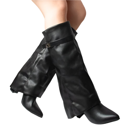 Women Cow Boy Boots | Lock Buckle | High Heels | Knee-Length Boots | Fold-Over Long Boots