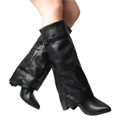 Women Cow Boy Boots | Lock Buckle | High Heels | Knee-Length Boots | Fold-Over Long Boots