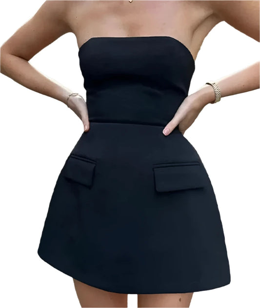Women Summer Evening Dress with Pockets | Solid Strapless Slim Mini Party Dress