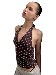 Women Polka Dot Vest | Y2K Lace-Up | Backless | Halter V-Neck | Summer Tank Top
