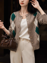 Women Argyle Cashmere Knitted Cardigan | Diamond Check Sweater | Wool