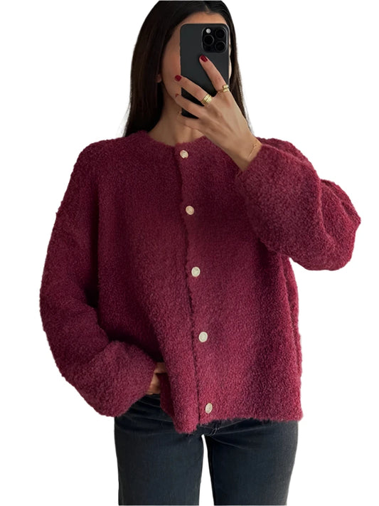 Women Burgundy Knitted Cardigan