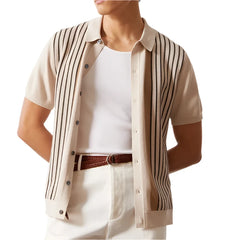 Men Striped Knit Polo Shirt | Short Sleeve Button Down Knitwear