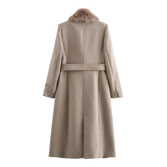 Women Belted Warm Fur Collar Coat | Flip Collar | Winter | Long Coat