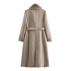 Women Belted Warm Fur Collar Coat | Flip Collar | Winter | Long Coat
