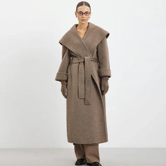 Women Shawl Collar Woolen Coat With Belt | Loose Long Sleeve | Overcoat | Winter Coat