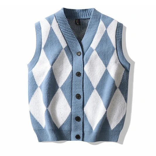 Men Plaid Sweater Vest | Sleeveless V-Neck Button Cardigan | Office Knitted Vest