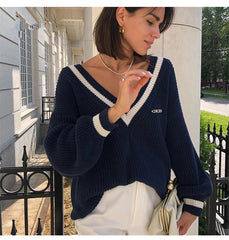 Women Loose Sweater | Autumn | Knitted Pullover | Long Sleeve | V-Neck Knitted Sweater
