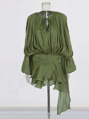 Women Flowy Mini Dress | V Neck | Long Sleeve | Spliced | Lace Up | Blouse Dress