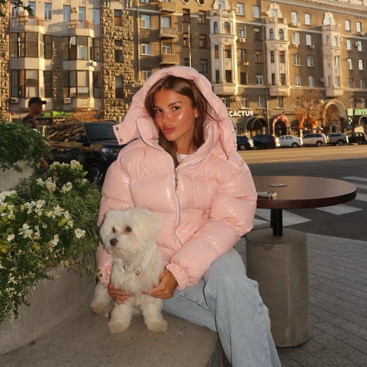 Women Glossy Zipper Hooded Jacket | Windbreaker | Pleated | Short Jacket | Cotton