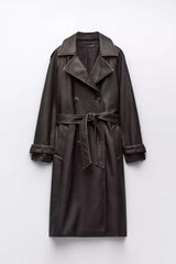 Women Vintage Leather Long Coat | Double Breasted | Winter Long Coat