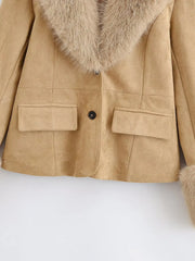 Women Suede Fur Collar Coat | Long Sleeve | V-Neck | Warm | Slim Fit Jacket | Winter | Party | Streetwear