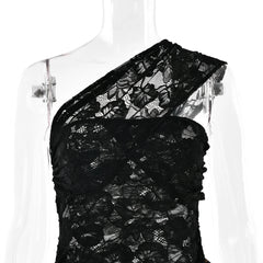 Women Leopard Print See Through Lace Dress | One Shoulder Ruffle Dress | Summer Elegant Party Dress