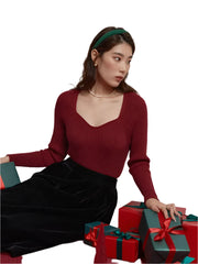 Women Red Knitted Top | Square Neck Winter Sweater Top