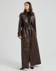 Women Extra Long Leather Trench Coat | Luxury Chic Overcoat | Autumn