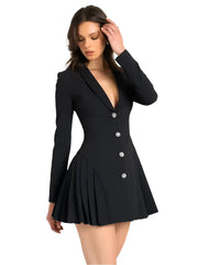 Women Black Blazer Winter Mini Dress | V Neck Single-Breasted Long Sleeve Pleated Dress