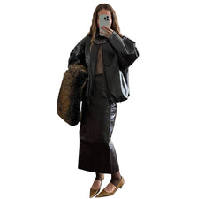 Woman Glossy Leather Two Piece Set | Leather Jacket | Straight Long Leather Skirt | Autumn | Stand Collar Zipper Jacket |