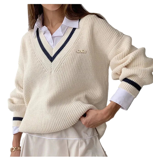 Women Loose Sweater | Autumn | Knitted Pullover | Long Sleeve | V-Neck Knitted Sweater