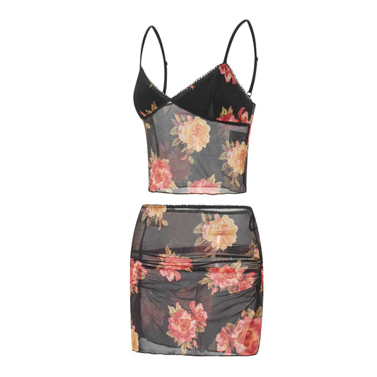 Women Floral Print V Neck Cami Top | Summer Set | Sleeveless | Mini Skirt | Two Piece