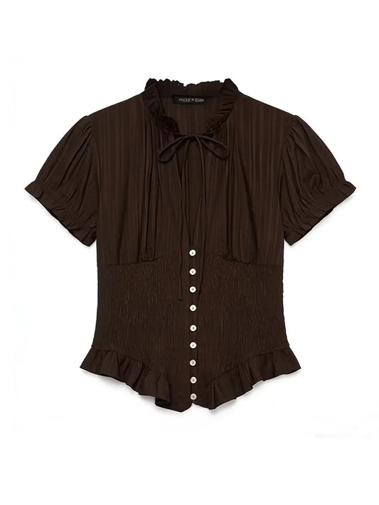 Women Lace Up Bow Top | Short Sleeve Top | Pleated Blouse