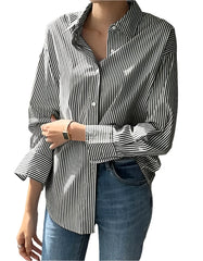Women Striped Long Sleeve Loose Oversized Blouse | Vintage Button-Up Top