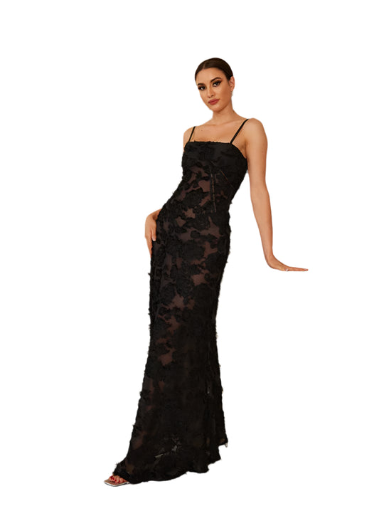 Women Black Maxi Dress | Long Formal Party Dress | Applique Lace Dress