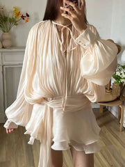 Women Flowy Mini Dress | V Neck | Long Sleeve | Spliced | Lace Up | Blouse Dress