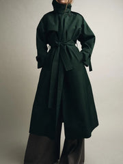 Women Dark Green Trench Coat | Long Coat | Loose | Autumn | Belted