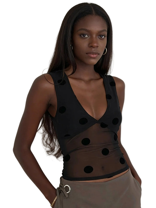 Women Polka Dot Sheer Mesh Top | Crop Top | Summer | Sleeveless | V Neck | Slim Fit Tank Top