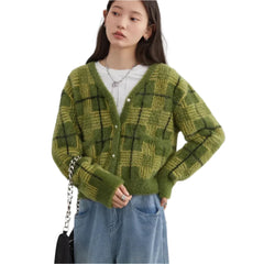 Women Knitted Plaid Cardigan | Knitted V-Neck Sweater